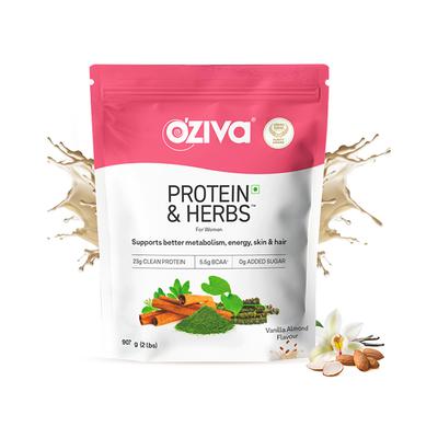 OZiva Protein and Herbs Powder for Weight Control - 2lbs- Vanilla Almond 945 gm - Weight Gain