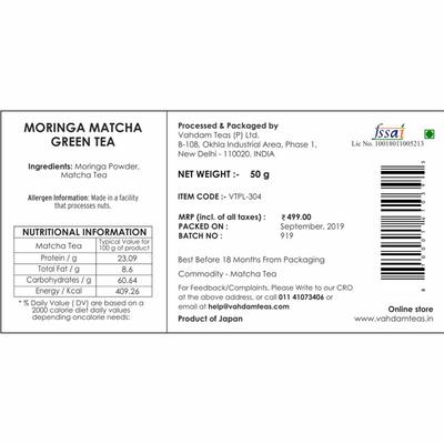 Vahdam Moringa Matcha Green Tea Powder 50 gm - Teas
