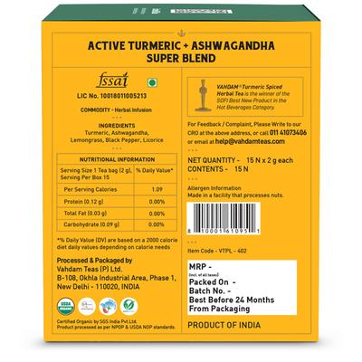 Vahdam Turmeric Ashwagandha Herbal Tea Infusion Bags 15's - Ashwagandha