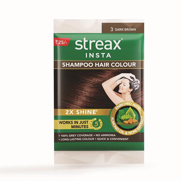 Netmeds | Streax Insta Shampoo Hair Colour Enriched With Almond Oil & Noni Extract - 3 Dark Brown 18ml