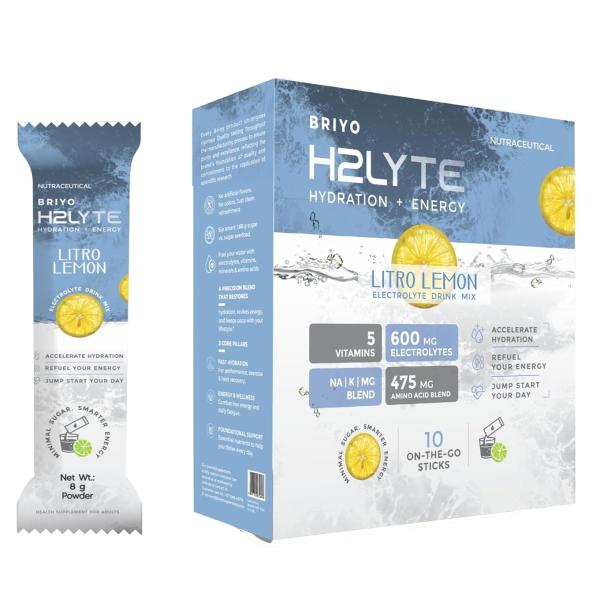 Netmeds | Briyo H2Lyte Minerals & Vitamins Sachets - Lemon Flavour (Pack of 10 x 8 g)