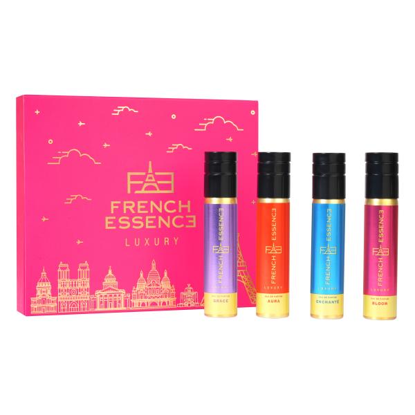 Netmeds | French Essence Gift Set - Eua De Parfume (Grace + Enchante + Bloom + Aura) ( Pack Of 4 x 15 ml) 1's