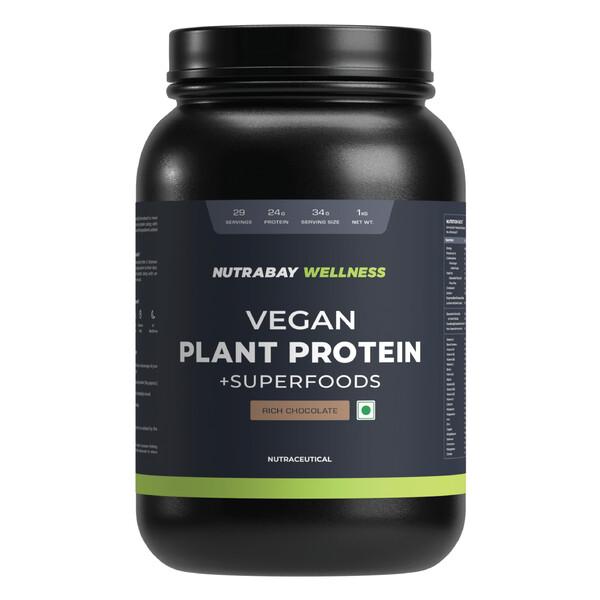 Netmeds | Nutrabay Wellness Vegan Plant Protein + Superfoods - Rich Chocolate 1 kg