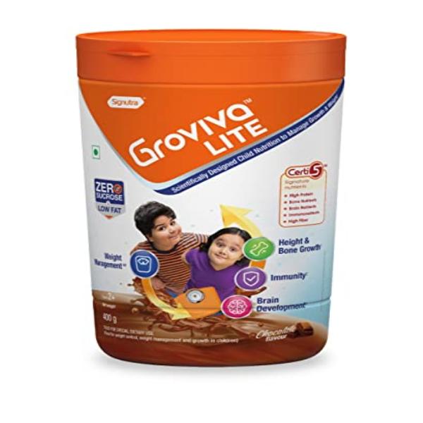 Netmeds | Groviva Lite Age 2+ Child Nutrition Supplement Powder Jar - Chocolate Flavour 400 g