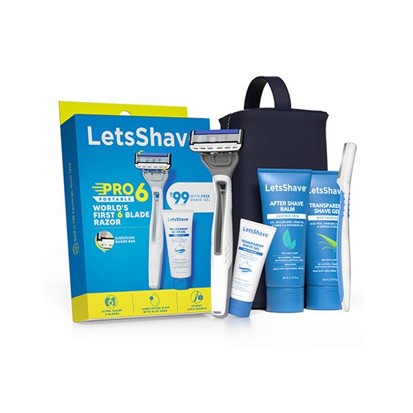 Netmeds | Letsshave Pro 6 Portable Travel Kit Pro 6 Razor+Tsg15 Ml+Asb30Ml+Tsg 30Ml+Pouch+Pro Styler 1 1's