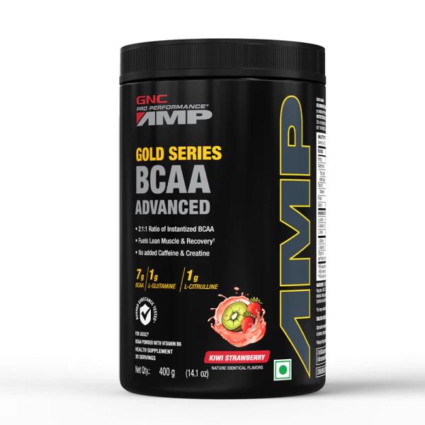 Netmeds | GNC AMP Gold Series BCAA Advanced Powder with Vitamin B6 - Kiwi Strawberry Flavour 400 gm