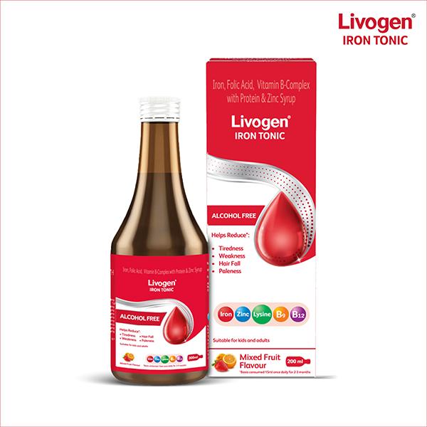 Netmeds | LIVOGEN IRON TONIC ALCOHOL FREE MIXED FRUIT FLAVOUR Syrup 200ml