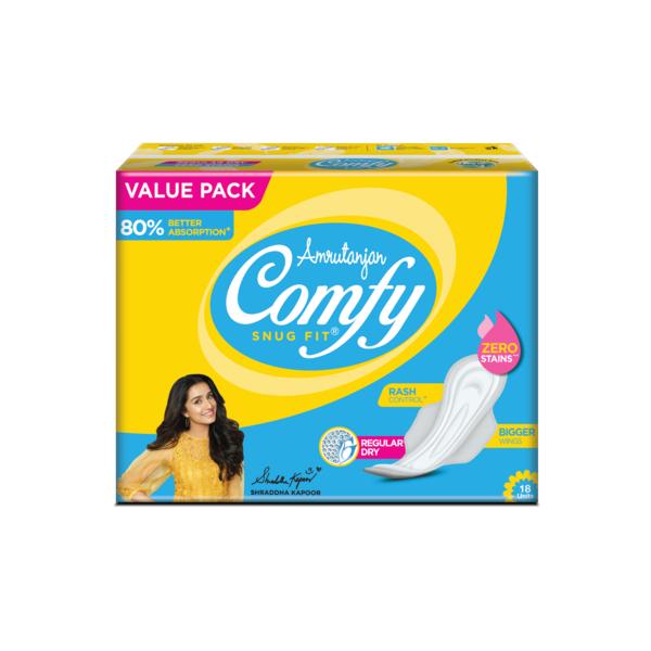 Netmeds | Amrutanjan Comfy Snug Fit Sanitary Pads - Regular Dry Value Pack 18's