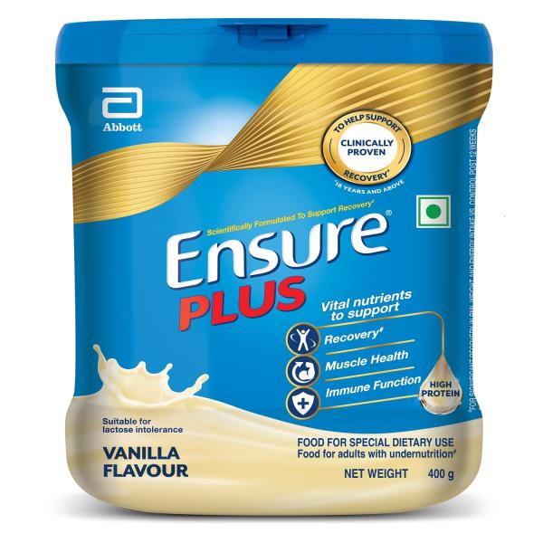 Netmeds | Ensure Plus Nutritional Powder - Vanilla Flavour 400 gm (Pet Jar)