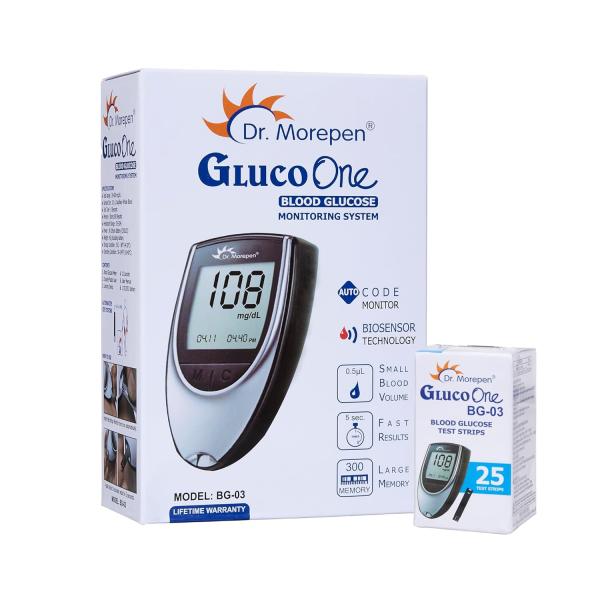 Netmeds | Dr. Morepen GlucoOne Blood Glucose Monitor (BG 03) + Blood Glucose Test Strips 25's