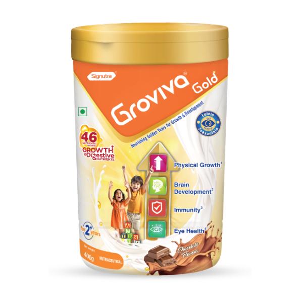 Netmeds | Groviva Gold Age 2+ Child Nutrition Supplement Powder Jar - Chocolate Flavour 400 g