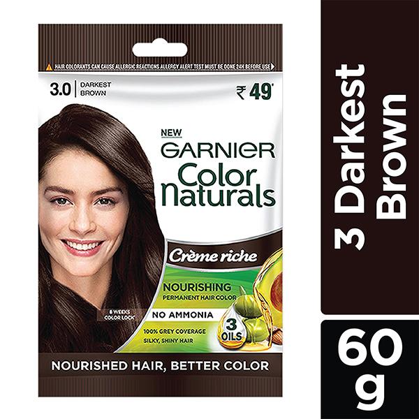 Netmeds | Garnier Color Naturals Creme Riche Sachet, Shade 3, Darkest Brown 60 gm