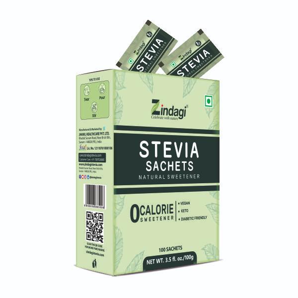 Netmeds | Zindagi Stevia Natural Sweetener Sachets (Pack of 1 gm x 100's)