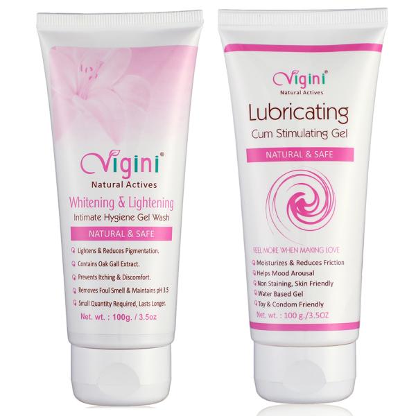 Netmeds | Vigini Lubricating Stimulation Gel 100ml + Whitening & Lightening Intimate Hygiene Gel Wash 100 g