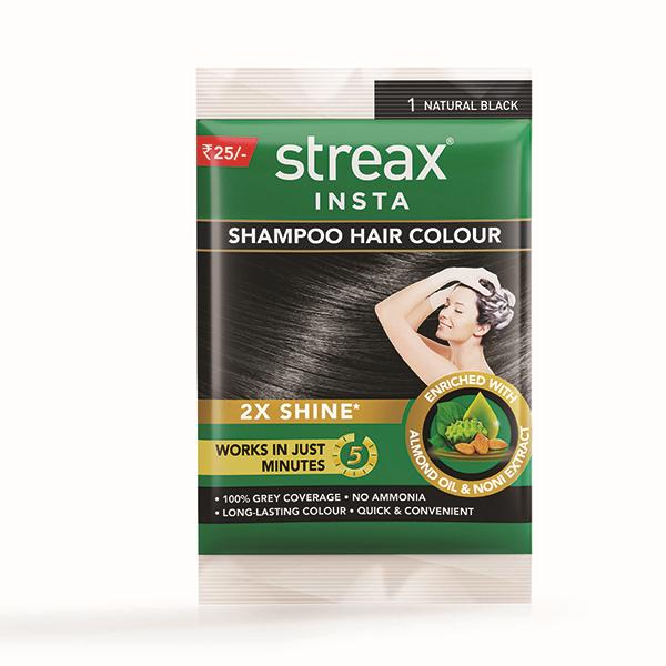 Netmeds | Streax Insta Shampoo Hair Colour Enriched With Almond Oil & Noni Extract - 1 Natural Black 18ml