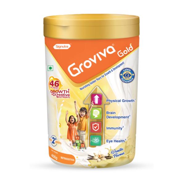 Netmeds | Groviva Gold Age 2+ Child Nutrition Supplement Powder Jar - Vanilla Flavour 400 g