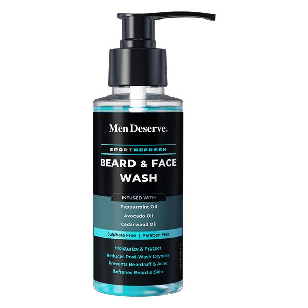 Netmeds | Men Deserve Sport Refresh Beard & Face Wash Infusion with Peppermint Oil Avocade Oil, Cedarwood Oil Sulphate Free, Paraben Free 100ml