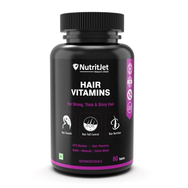 Netmeds | NutritJet Hair Vitamins For Strong ,Thick and Shiny Hair With DTH Blocker and Biotin Tablets 60's