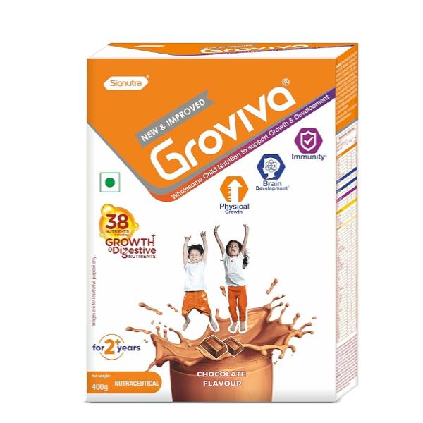 Netmeds | Groviva New & Improved Age 2+ Child Nutrition Supplement Powder Refill Pack - Chocolate Flavour 400 g