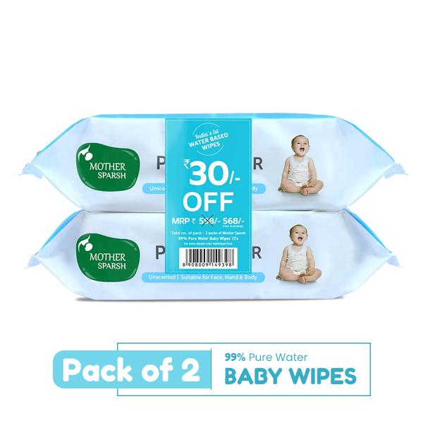 Netmeds | Mother Sparsh 99% Water Based Wipes (Pack of 2 x 72's)