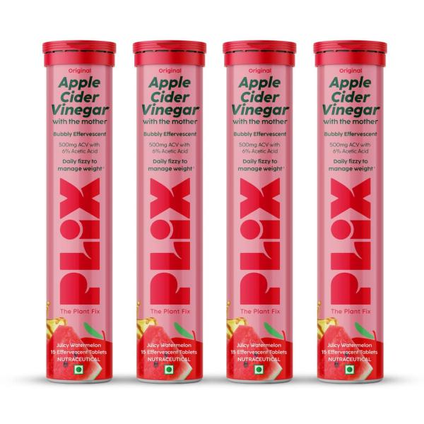 Netmeds | Plix Original Apple Cider Vinegar Effervescent Tablet - Juicy Watermelon (Pack of 4 x 15's) 1's