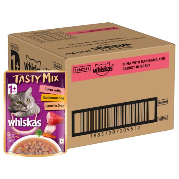 Netmeds | Whiskas Tasty Mix Tuna with Kanikama and Carrot in Gravy (Pack 70gm x 28) 1960g