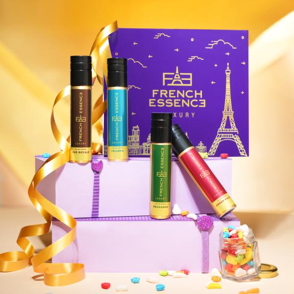 Netmeds | French Essence Gift Set - Eua De Parfume (Amber Magic + Oud Royale + Triumph + Recharge) ( Pack Of 4 x 30 ml) 1's