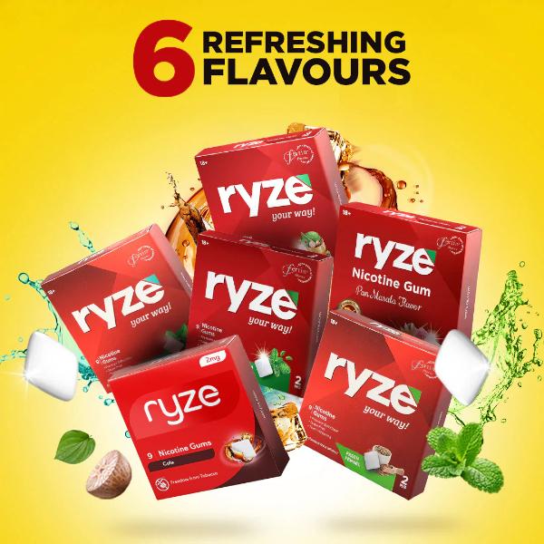 Netmeds | Ryze 2mg Nicotine Gums - Assorted (Fruit Blast, Frosty Mint, Royal Paan, Fresh Fennel, Cola & Paan Masala) (Pack of 6 x 9's)