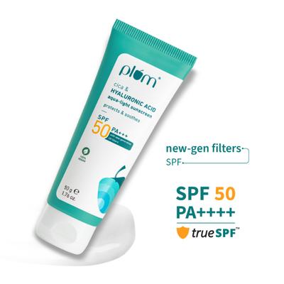 Plum Cica and Hyaluronic Acid Aqua-Light Sunscreen SPF 50 No White Cast, Non-Sticky all Skin Type 50 gm - Body Sunscreen