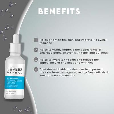 Jovees Herbal 12% Niacinamide Glowing Skin Serum with Hyaluronic Acid, Squalane and Saffron 30 ml - Face Gels