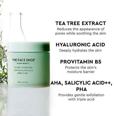 The Face Shop Tea Tree Toner Pads - Korean Toner with Salicylic Acid for Acne & Oily Skin - 150ml - Face Mists