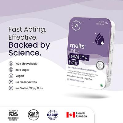 Wellbeing Nutrition Melts Healthy Hair with Plant Based Wholefood Biotin 10,000 mcg from Sesbania, Zinc, Bamboo Extract (30 Strips) - Hair & Skin