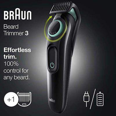 Braun Beard Trimmer 3, BT3321 for Men from Gillette, Hair Clipper, Lifetime Sharp Blades, 20 Length Settings Black and Vibrant Green 310 gm - Grooming Kits
