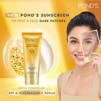 Ponds Serum Boost Sunscreen SPF 55 PA++ UVA UVB Niacinamide - C Lightweight Cream 100gm - Body Sunscreen