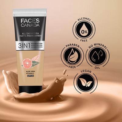 FACES CANADA 3in1 All Day Hydra Matte Foundation + Moisturizer + SPF 30 Honey Beige 031 15 ml - Foundation