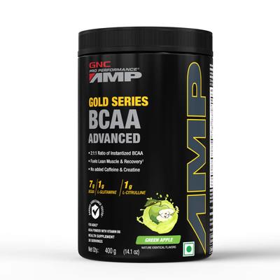 GNC AMP Gold Series BCAA Advanced Powder with Vitamin B6 - Green Apple Flavour 400 gm - Bcaa Supplements