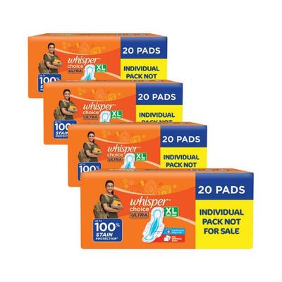 Whisper Choice Sanitary Pads for Women, Ultra XL 20 Napkins 470g 4's - Sanitary Napkins