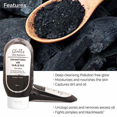 Globus Remedies Activated Carbon With Vitamin B3 & Vitamin E Face Wash 100 ml - Face Wash & Cleansers