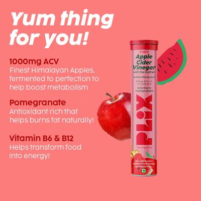Plix Original Apple Cider Vinegar Effervescent Tablet - Juicy Watermelon (Pack of 4 x 15's) 1's - Apple Cider Vinegar - Acv