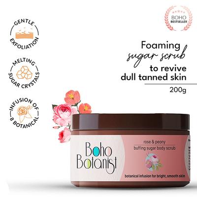 Boho Botanist Rose & Peony Sugar Body Scrub - Tan Removal Glowing Skin for Dull, Rough Skin 200 gm - Scrubs & Exfoliants