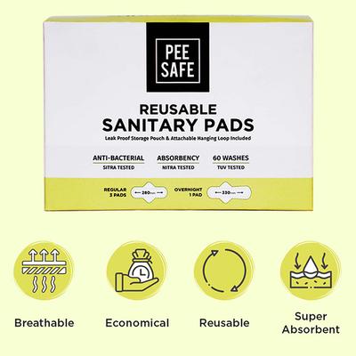 Pee Safe Reusable Sanitary Pads (6 Regular Pads + 2 Overnight Pad + 2 Leak Proof Pouch) (pack of 10) 1's - Sanitary Napkins