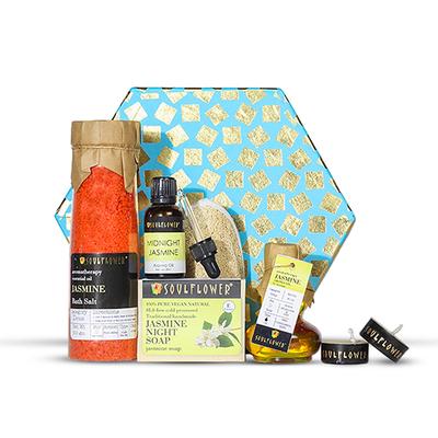Soulflower Hexagon Bath Set With Jasmine Sop 1N, Jasmine Arome Oil 1N, Jasmine Massage Oil 1N,T- Light Jasmine Aroma Candles 2N Luffa (150gm + 30ml + 90ml) - Bath Salts