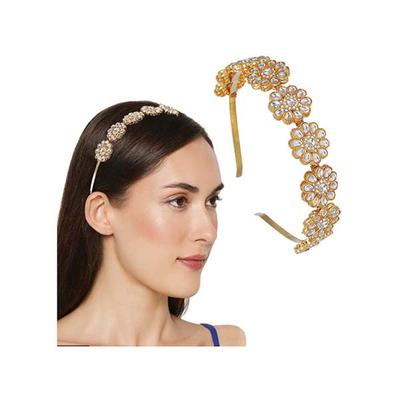 Majestique Gold-Plated Kundan Mathapatti Metal Hairband Ethnic Flower Design For Women 1's - Hair Clips/Bands