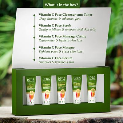Lotus Botanicals Vitamin C Skin Brightening Facial Kit, 5 Step Facial Pack, For All Skin Types 44 gm - Facial Kits