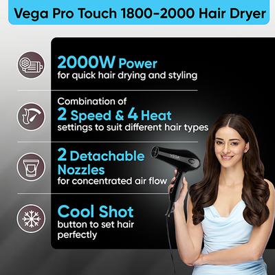 Vega Professional Hair Dryer for Men and Women Pro Touch 1800-2000 Watts with 2 Detachable Nozzles, (VHDP-02) 894 gm - Hair Dryers