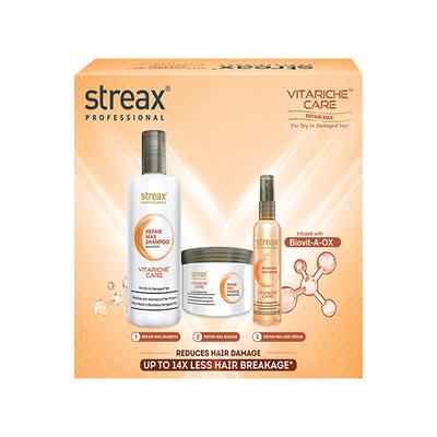 Streax Professional Vitariche Repair Max Post Care Combo Kit ( Shampoo + Masque + Serum) 600 ml - Hair Sets & Kits