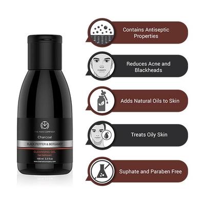 The Man Company Charcoal Cleansing Gel - Black Pepper & Bergamot 100 ml - Face Wash & Cleansers