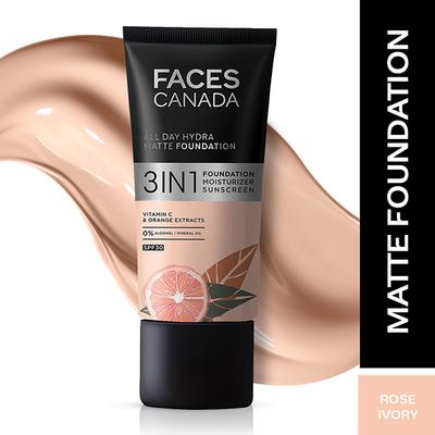 Faces Canada All Day Hydra Matte Foundation 3-In-1 Foundation + Moisturizer + SPF 30 24 Hr Aloe Hydration & Vitamin C 10Hr Long Wear Rose Ivory 011 25ml - Foundation