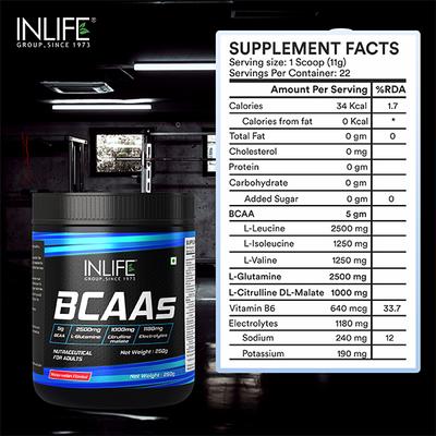 INLIFE BCAAS Powder - Watermelon Flavour 250 gm - Bcaa Supplements