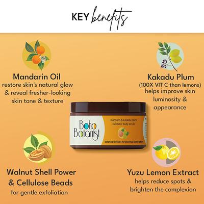 Boho Botanist Exfoliating Body Scrub - Mandarin& Kakadu Plum, Niacinamide, Vit C, Tan Removal 200 gm - Scrubs & Exfoliants
